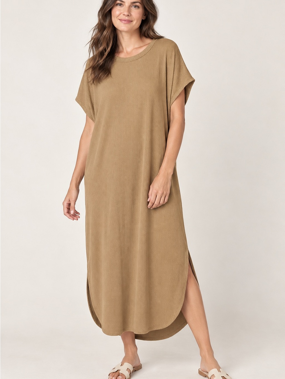 Time and Tru XXL 20 Beige Ribbed Maxi T Shirt Dress Side Slit